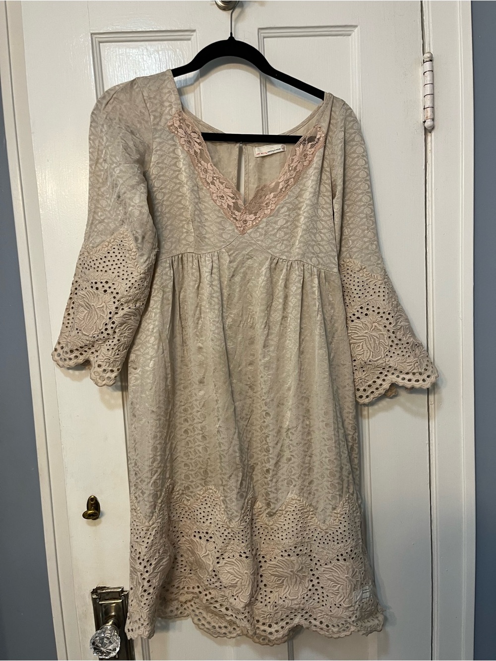Odd Molly Silk Eyelet Lace-Trim V-Neck Women's Dress Grunge Y2K 90s Boho Fairy